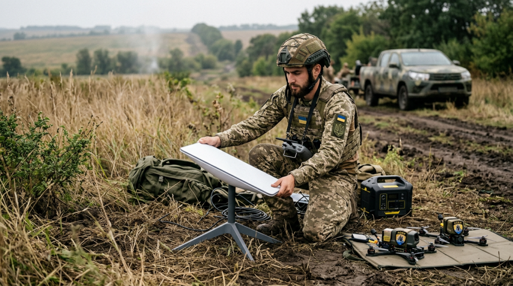 AI-generated. Ukrainian soldier setting up satellite dish